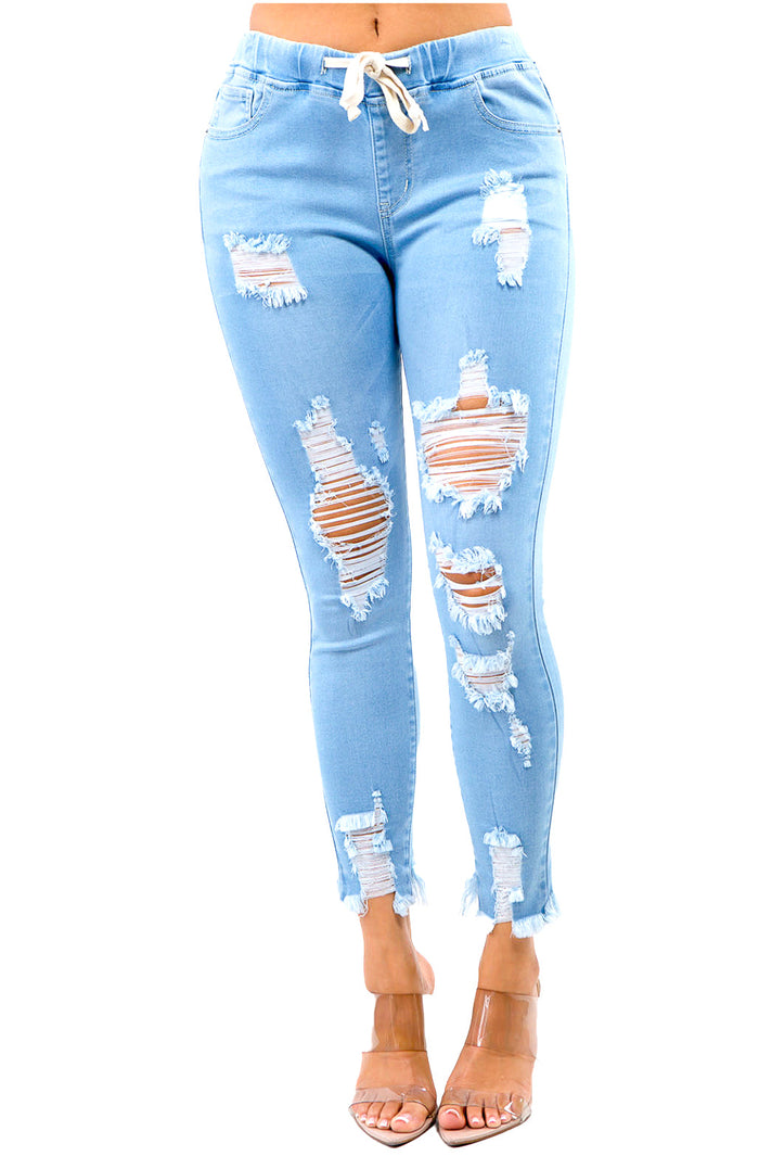 Light Denim Drawstring High Waisted Distressed Skinny Joggers by The House of Stylez