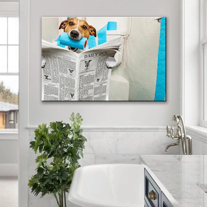Dog Reading Newspaper On Toilet Canvas Wall Art by Tailored Canvases
