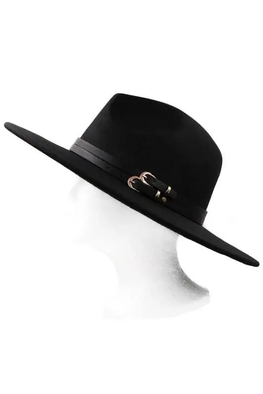 Double Faux Leather Belt Fedora Hat by Boutique 23