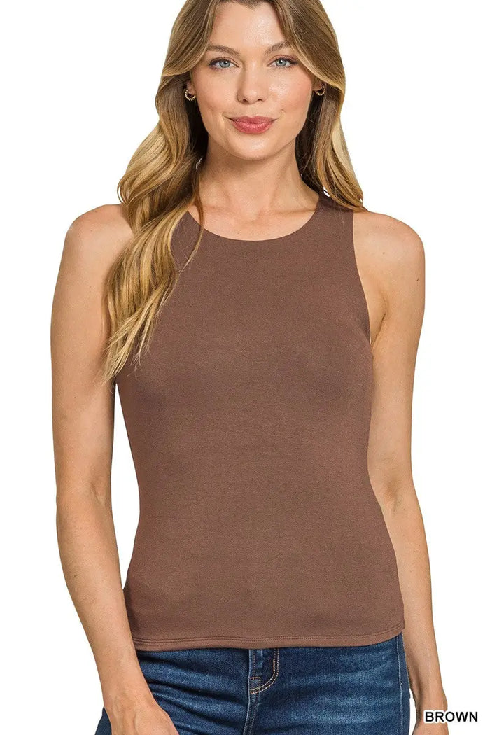 Double Layered Round Neck Tank Top - Brown by Boutique 23