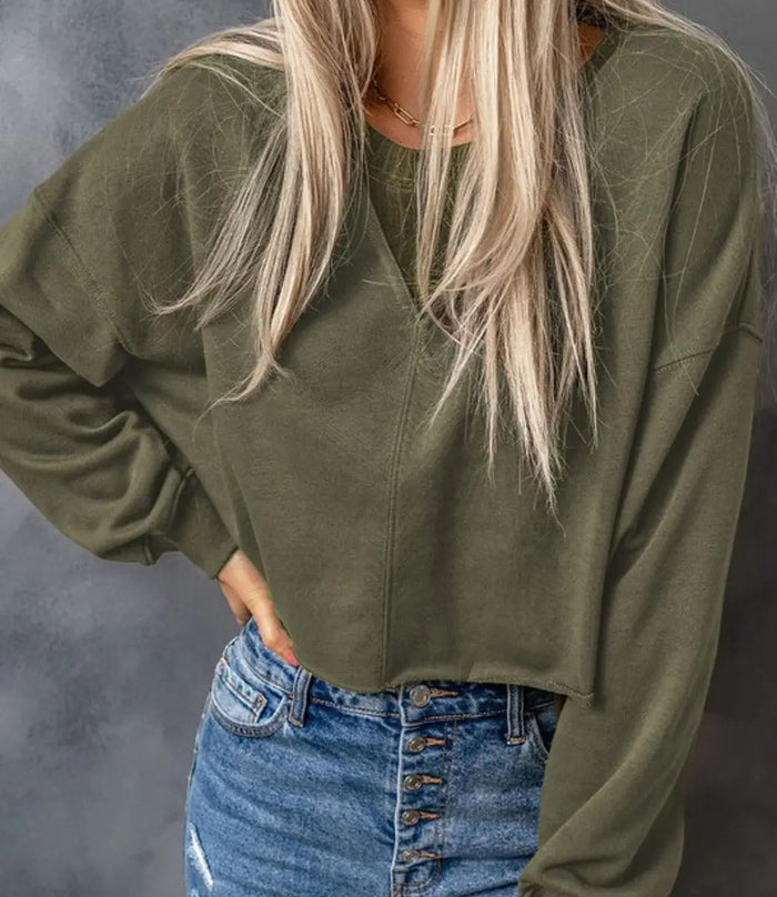 Drop Shoulder Cropped Sweater - Green by Boutique 23