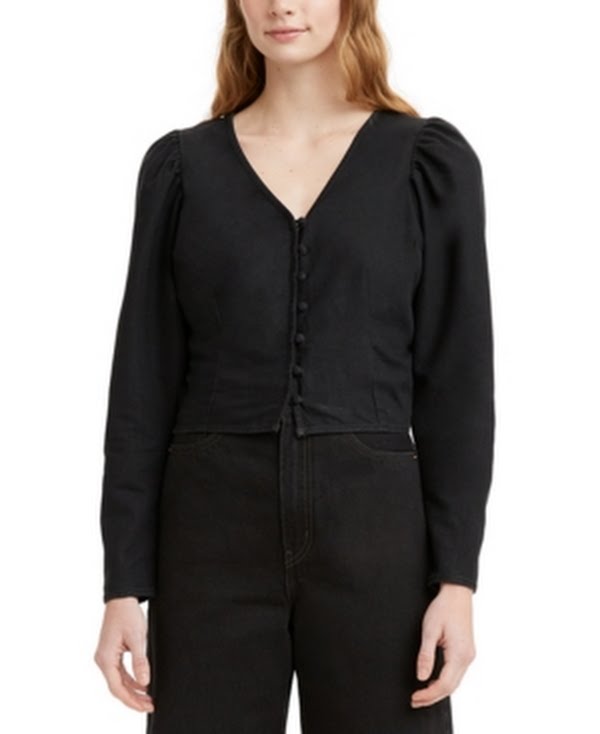 Levis Teegan Cotton Mutton-Sleeve Blouse – Black, Size Small by Vanessa Jane