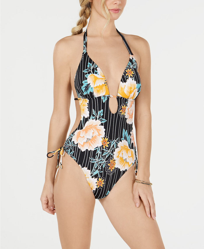 Bar Iii Floral Stripe Printed Plunging One-Piece Swimsuit, Size Small by Vanessa Jane