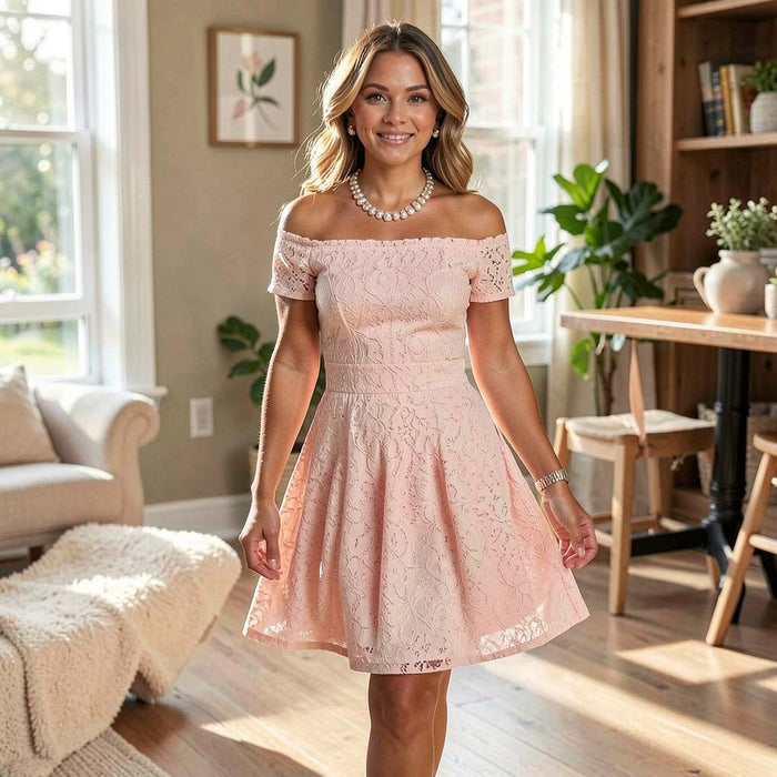 B Darlin Juniors Off-the-Shoulder Lace Dress, Blush, Size 11/12 by Vanessa Jane