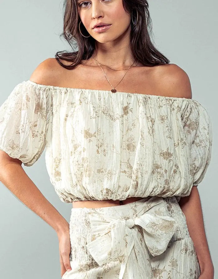 Elastic Off Shoulder Floral Crop Blouse - Taupe by Boutique 23
