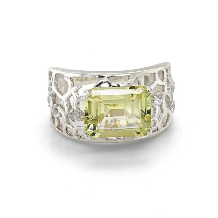 Emerald Cut Lemon Quartz Silver Filigree Ring by Fine Color Jewels