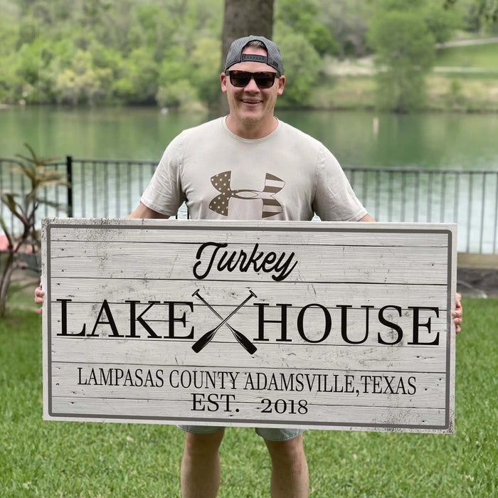 Family Lake House Paddle Sign by Tailored Canvases