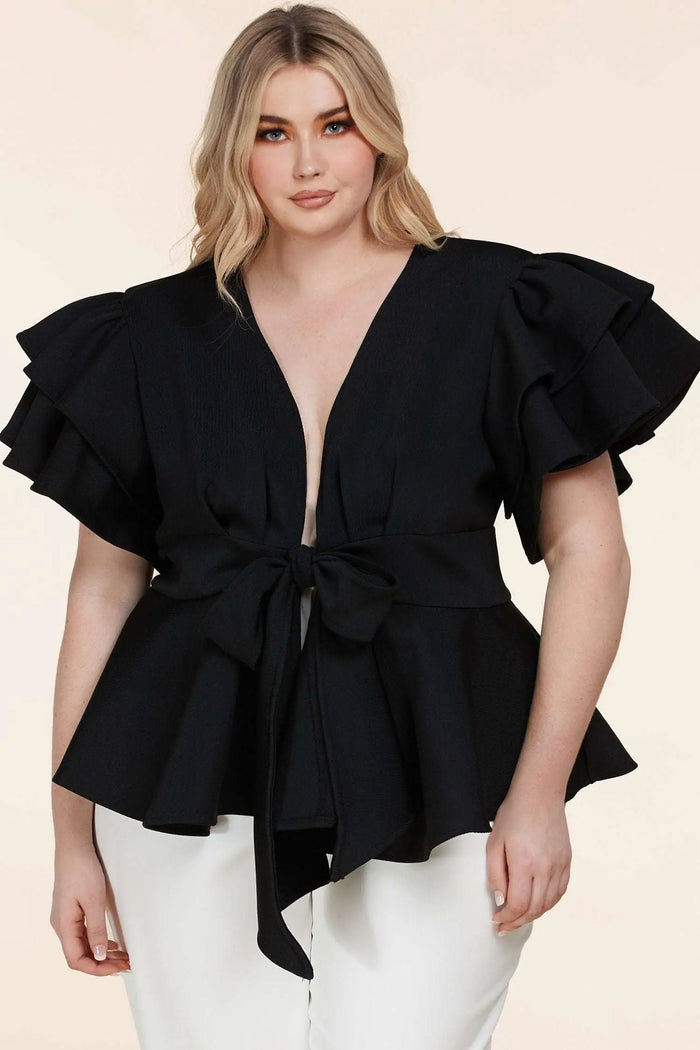 Fasheabe Plus Size Black Ruffle Plunging V-Neck Fit and Flare Top by Fasheabe