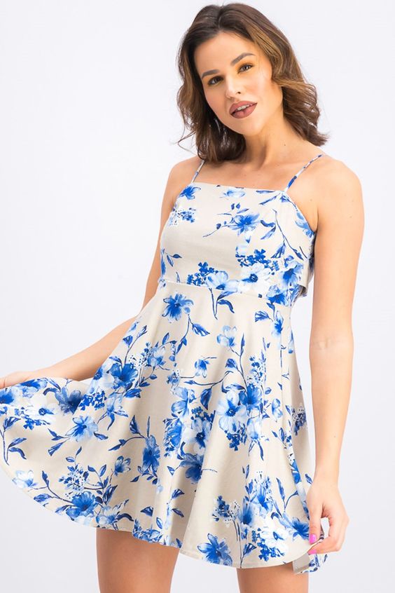 City Studios Juniors Floral Tie-Back Fit and Flare Dress - Sand/Royal, Size 13 by Vanessa Jane