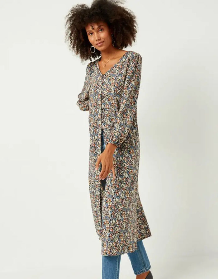 Floral Buttoned Puff Sleeve Duster by Boutique 23