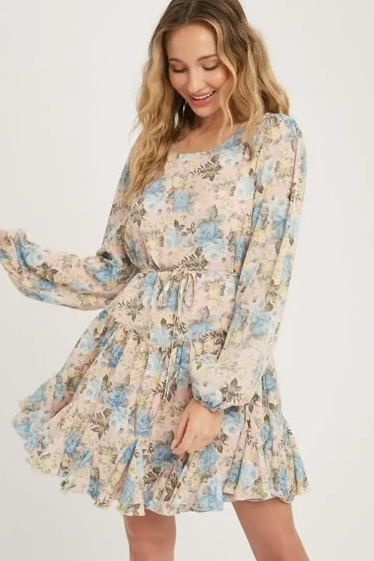 Floral Print Ruffled Swing Dress - Dusty Pink by Boutique 23