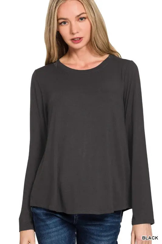Flowy Round Hem Rayon Long Sleeve Top - Black by Boutique 23