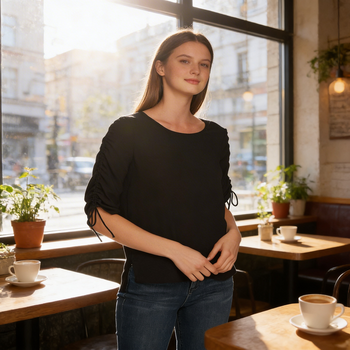 1.State Women's Ruched-Sleeve Top,Size Small by Vanessa Jane