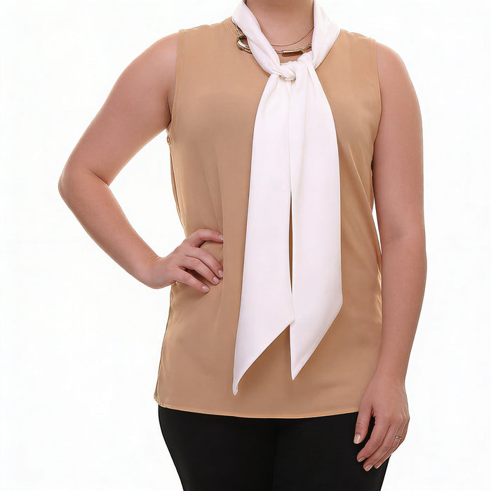 Lauren Ralph Lauren Tan Pearl Contrast-Neckline Jersey Shirt,Size Small by Vanessa Jane