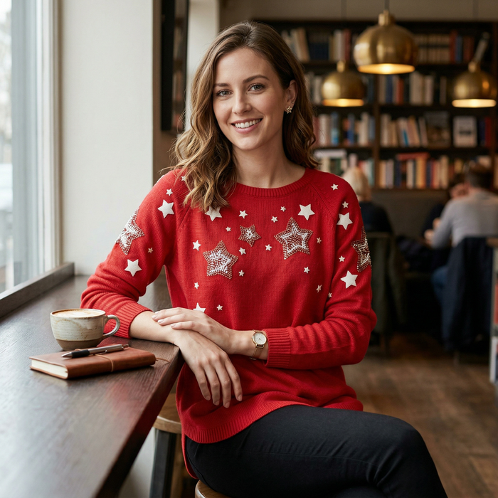 Style and Co. Embroidered Star Sweater, Size Petite Medium by Vanessa Jane