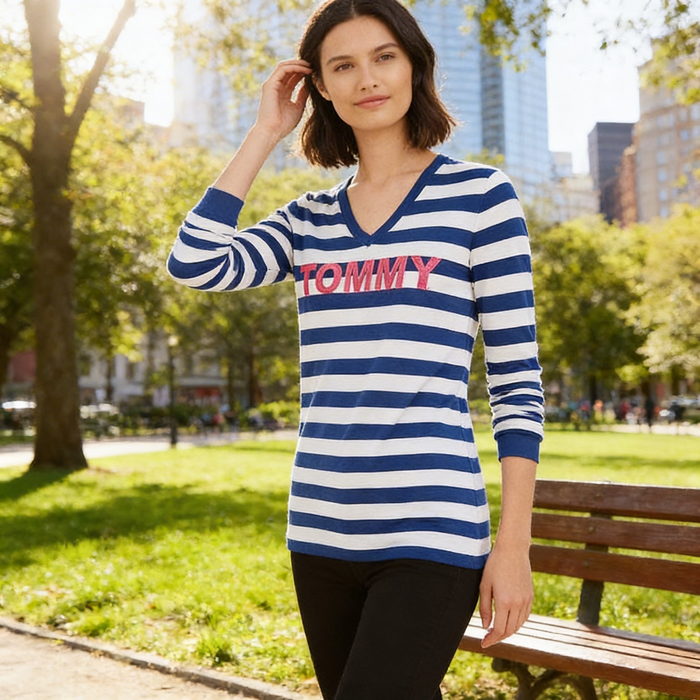 Tommy Hilfiger Womens Blue Striped Long Sleeve top, Sapphire, Size M by Vanessa Jane