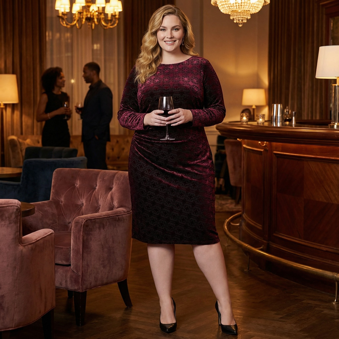 Tommy Hilfiger Women's Ruched Velvet Geometric Long Sleeve Dress ,Size 16W by Vanessa Jane