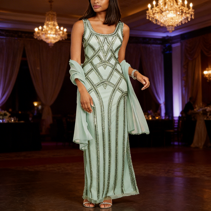 J Kara Embellished Gown & Scarf, Size 14 by Vanessa Jane
