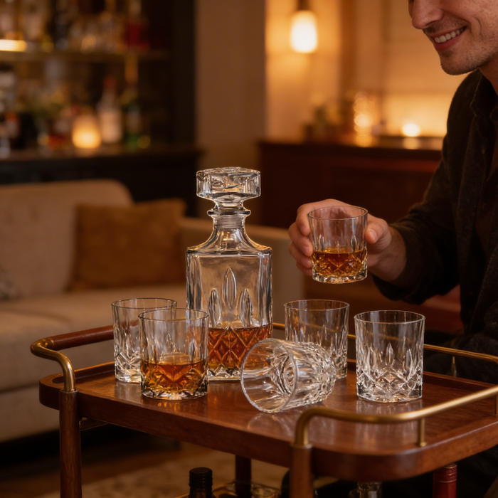 Studio Silversmiths 34 Oz. Diamond Decanter and 10 Oz. DOF Whiskey Glasses by Vanessa Jane