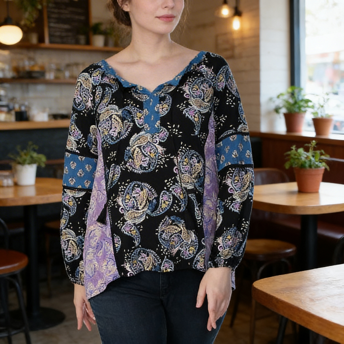 Style & Co Black Printed Split Neck Long Sleeve Top,Size XL by Vanessa Jane