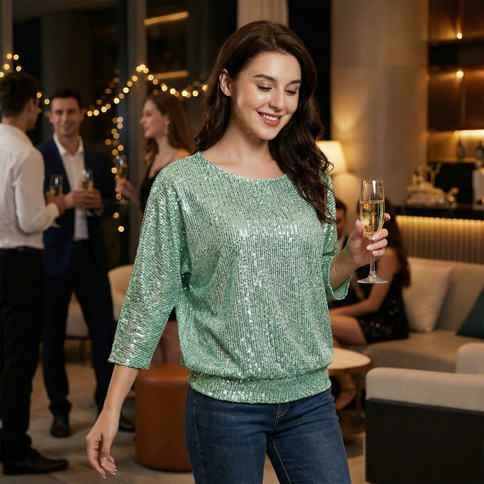 Jasambac Womens Sparkle Sequin Top Loose Cold Shoulder, Green, Size Small by Vanessa Jane