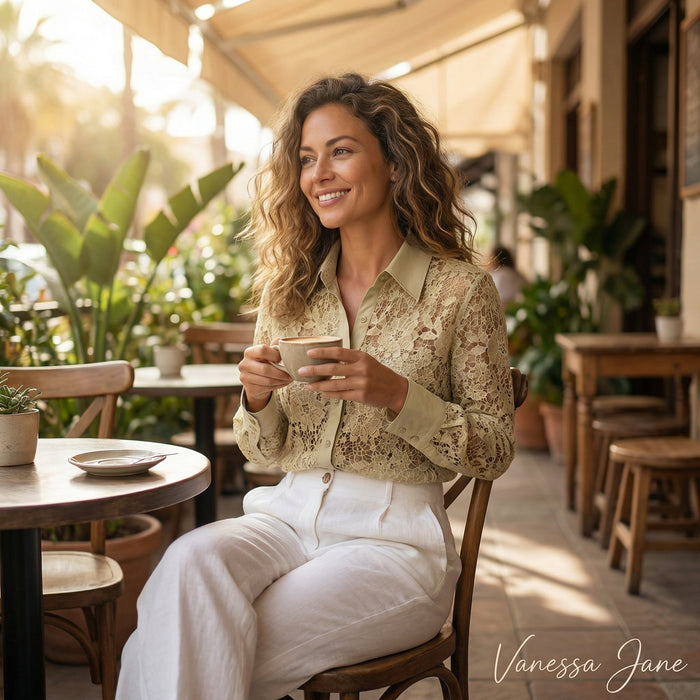 Adiva Embroidered Crochet Mesh Blouse Sheer Color Grass, Medium by Vanessa Jane
