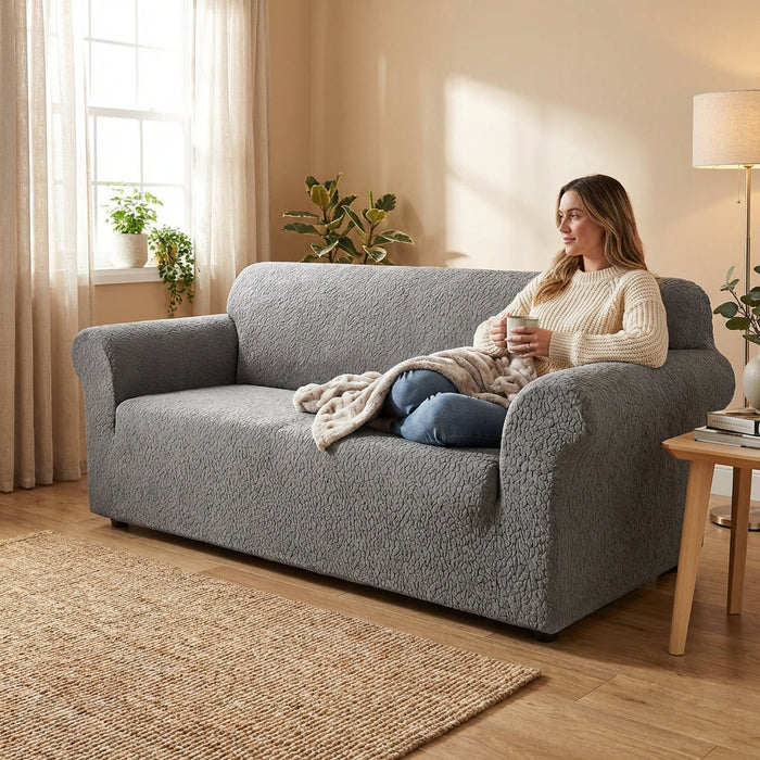Sure Fit Stretch Delicate Leaf Sofa Cover in Grey by Vanessa Jane