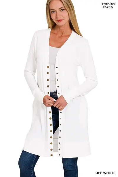 Full Sleeve Long Snap Cardigan - Off White by Boutique 23