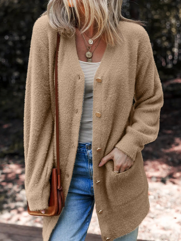 Fuzzy Buttoned Cardigan w/ Pockets - Camel by Boutique 23
