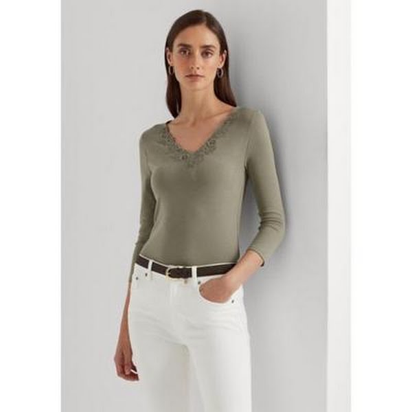 Lauren Ralph Lauren Womens Lace-Trim Stretch Cotton Top, Size XL by Vanessa Jane
