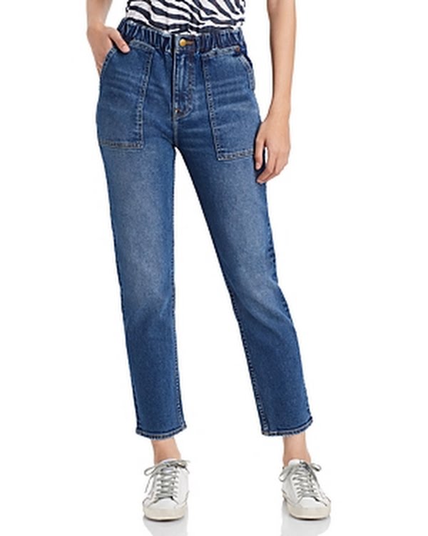 Aqua Womens Smocked Waistband Medium Wash Straight Leg Jeans Blue 24 by Vanessa Jane