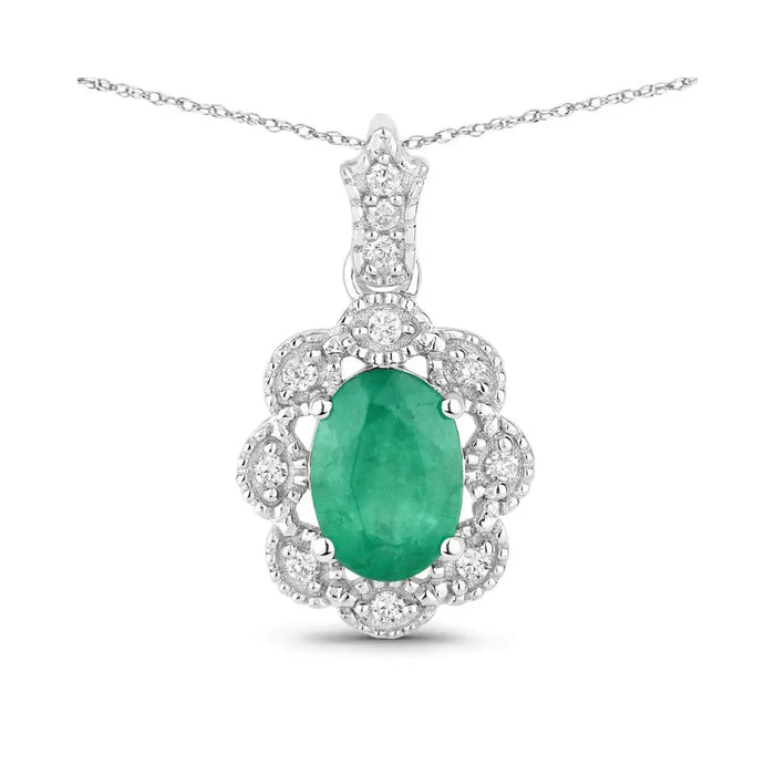 Genuine 10K Zambian Emerald Diamond Halo Pendant by Fine Color Jewels