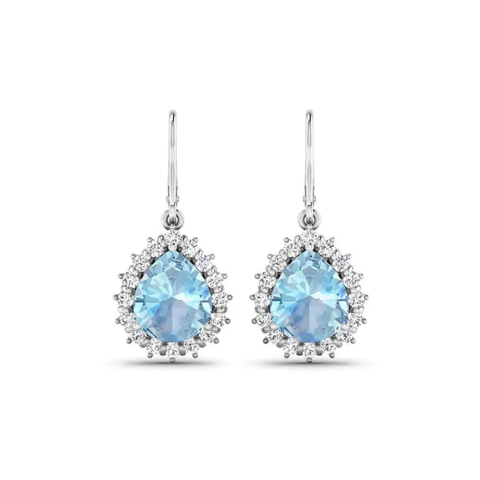 Genuine Aquamarine and Diamond Teardrop Halo Earrings by Fine Color Jewels