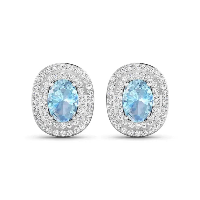 Genuine Diamond and Aquamarine Oval Stud Earrings by Fine Color Jewels