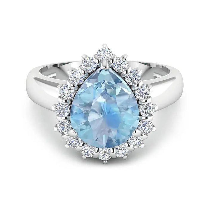 Genuine Diamond Aquamarine Teardrop Engagement Ring by Fine Color Jewels