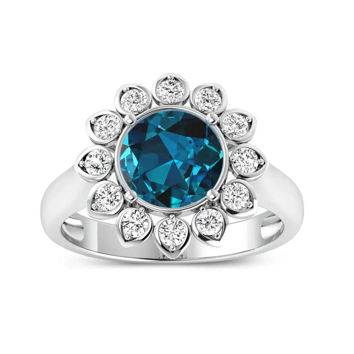 Genuine London Blue Topaz and Diamond Halo Ring by Fine Color Jewels