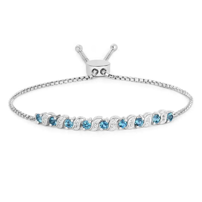 Genuine London Blue Topaz and White Topaz Bolo Bracelet by Fine Color Jewels