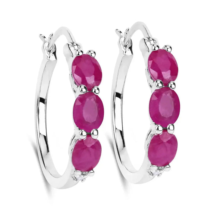 Genuine Pink Ruby and Diamond Hoop Earrings by Fine Color Jewels