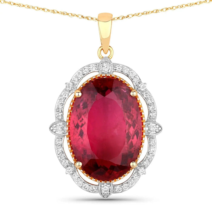 Genuine Rubellite and White Diamond 14K Yellow Gold Oval Pendant by Fine Color Jewels