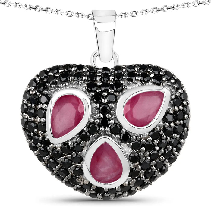 Genuine Ruby and Black Spinel Heart Pendant Necklace by Fine Color Jewels