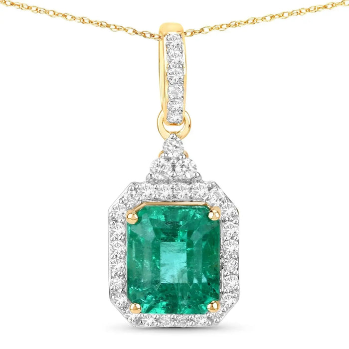 Genuine Zambian Emerald and White Diamond 14K Gold Halo Pendant by Fine Color Jewels