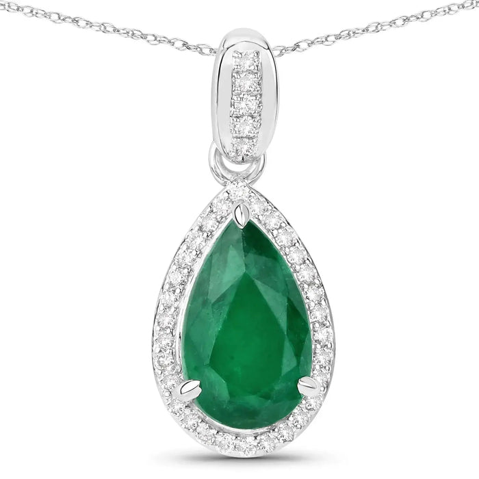Genuine Zambian Emerald and White Diamond 14K White Gold Pendant by Fine Color Jewels