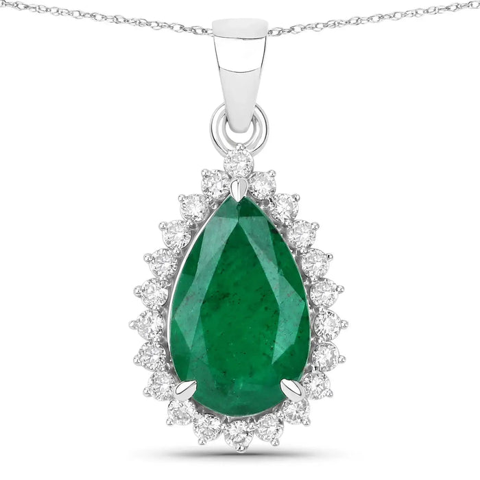 Genuine Zambian Emerald and White Diamond 14K White Gold Pendant by Fine Color Jewels
