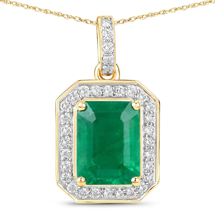 Genuine Zambian Green Emerald White Diamond 14K Gold Pendant by Fine Color Jewels