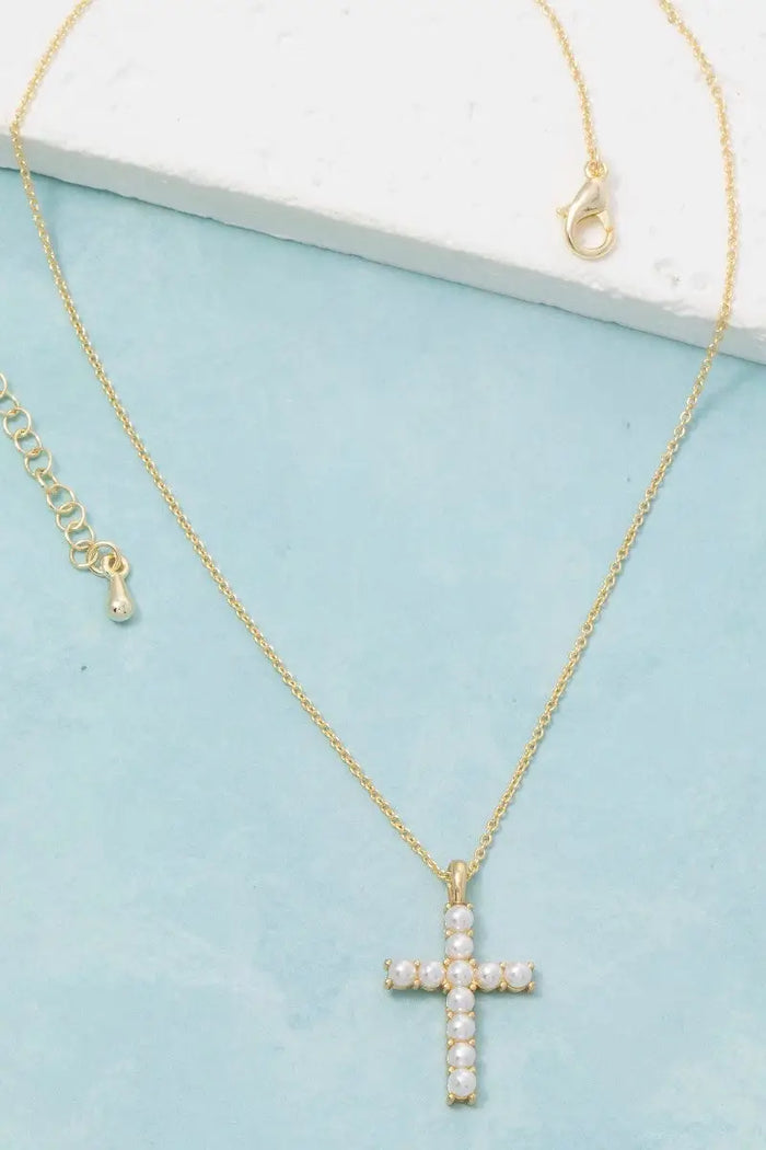 Gold Dipped Pearl Studded Cross Pendant Necklace by Boutique 23