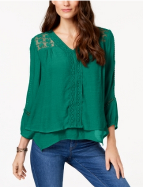 Style & Co Petite Layered-Hem Crochet Woven Top, Size PL by Vanessa Jane
