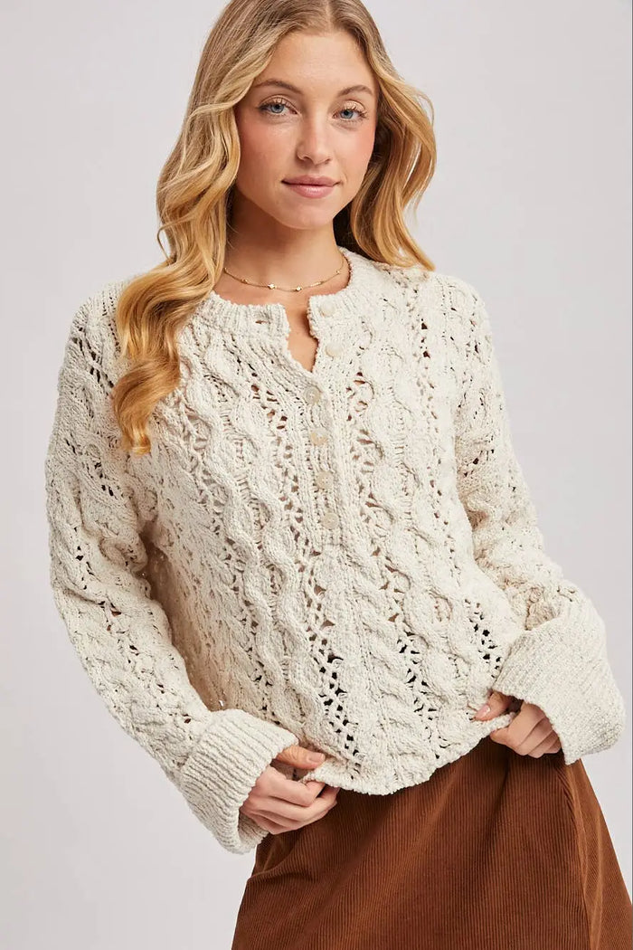 Half-Button Down Open Knit Sweater: ECRU by Boutique 23
