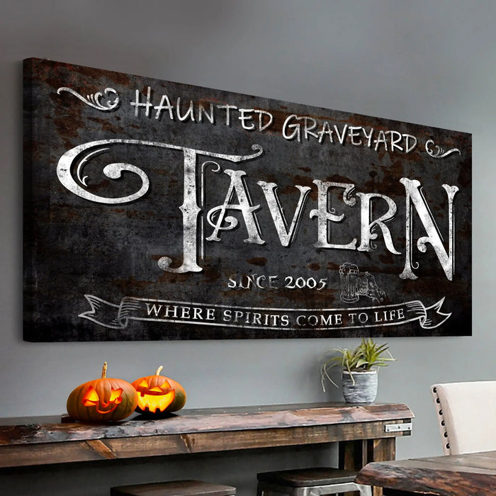 Haunted Graveyard Tavern Halloween Sign III by Tailored Canvases