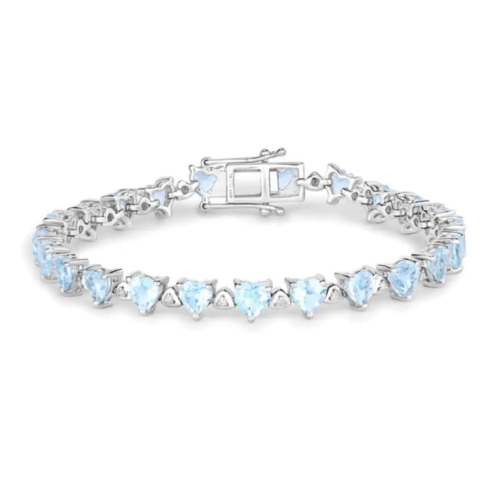 Heart Blue Topaz & Diamond Prong Silver Tennis Bracelet by Fine Color Jewels