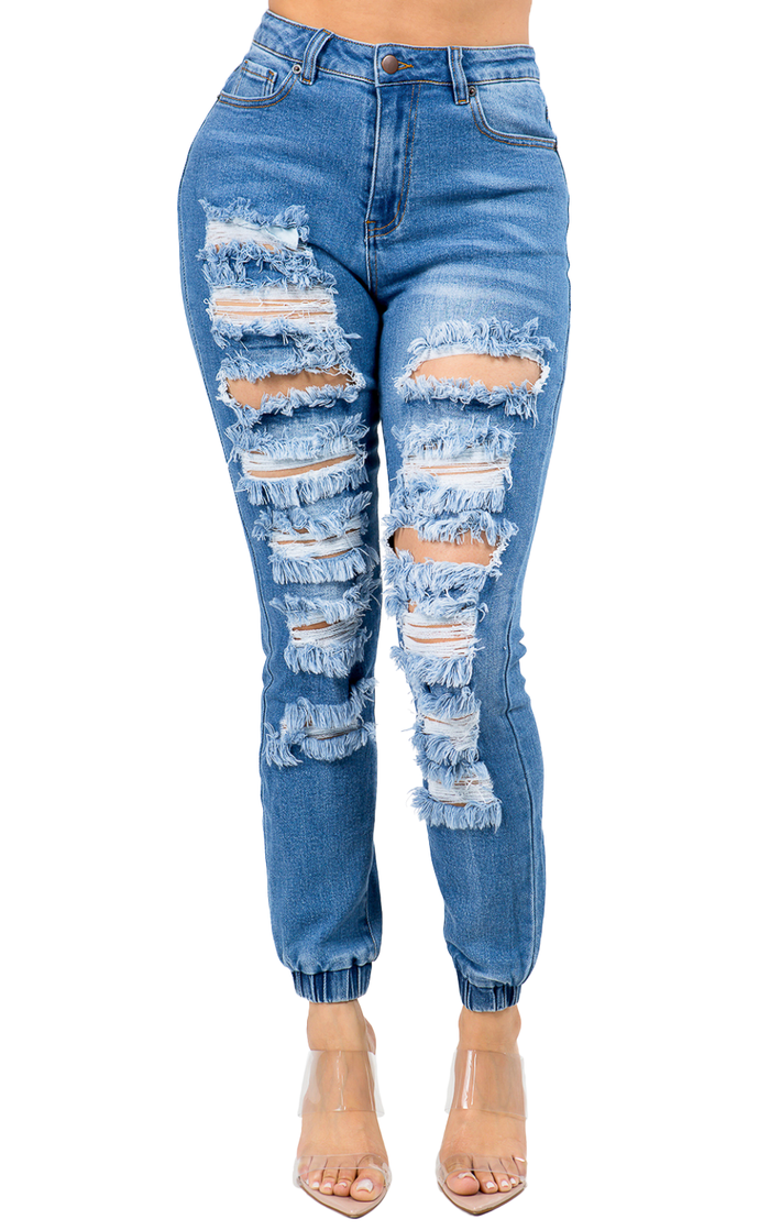 Denim High Waisted Distressed Joggers by The House of Stylez